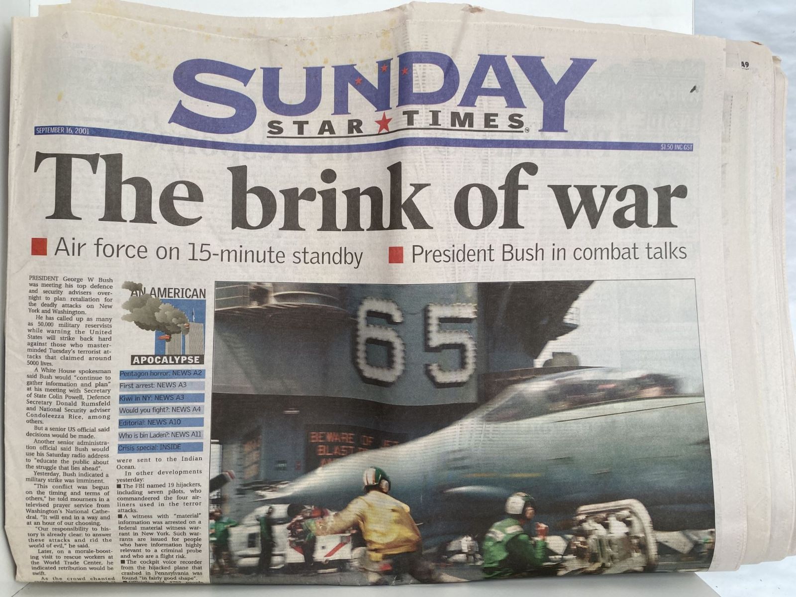 OLD NEWSPAPER: Sunday Star Times 16 September 2001 - 9/11 Terror Attacks