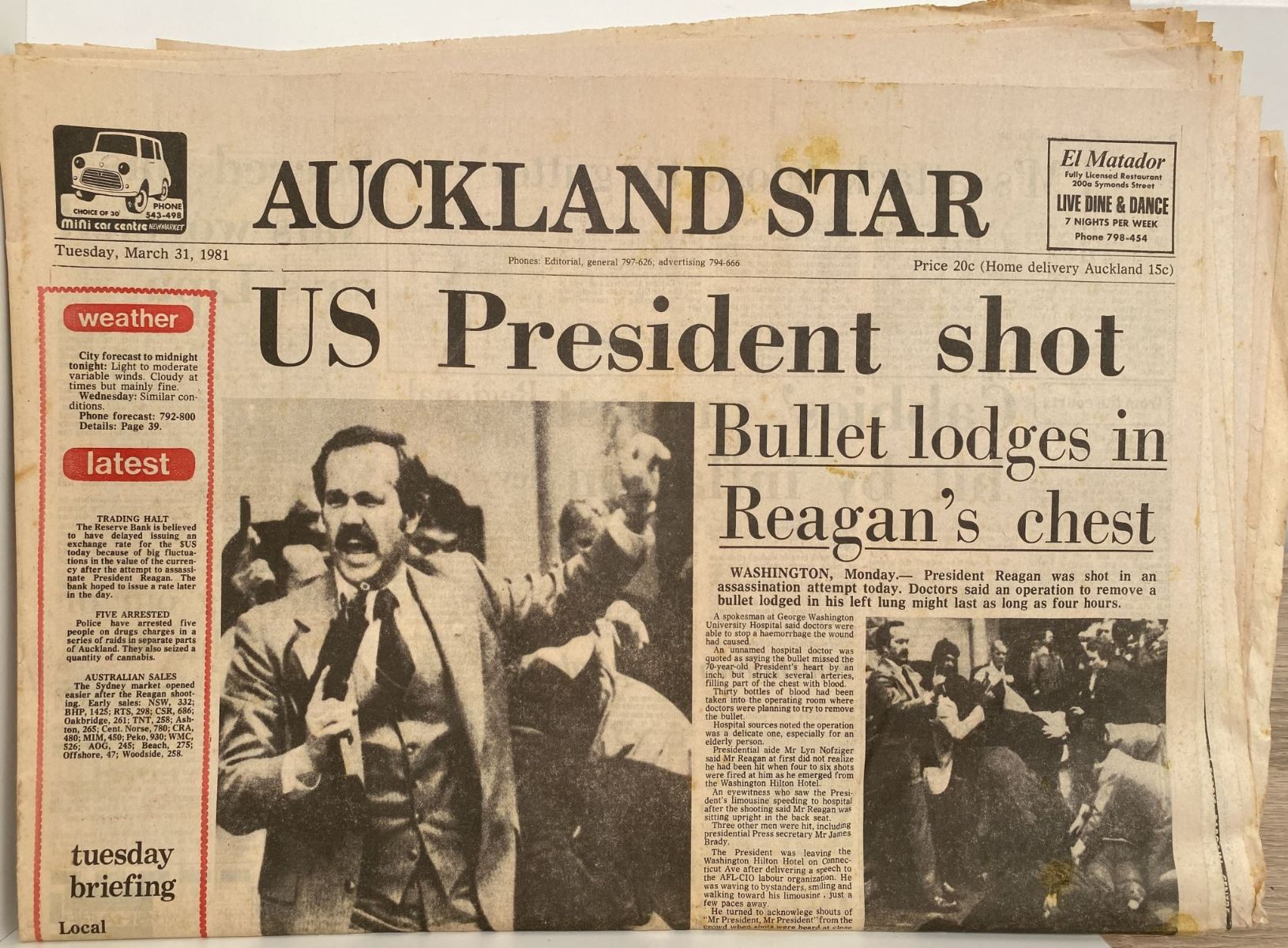 OLD NEWSPAPER: Auckland Star, 31st March 1981 - President Regan Shot