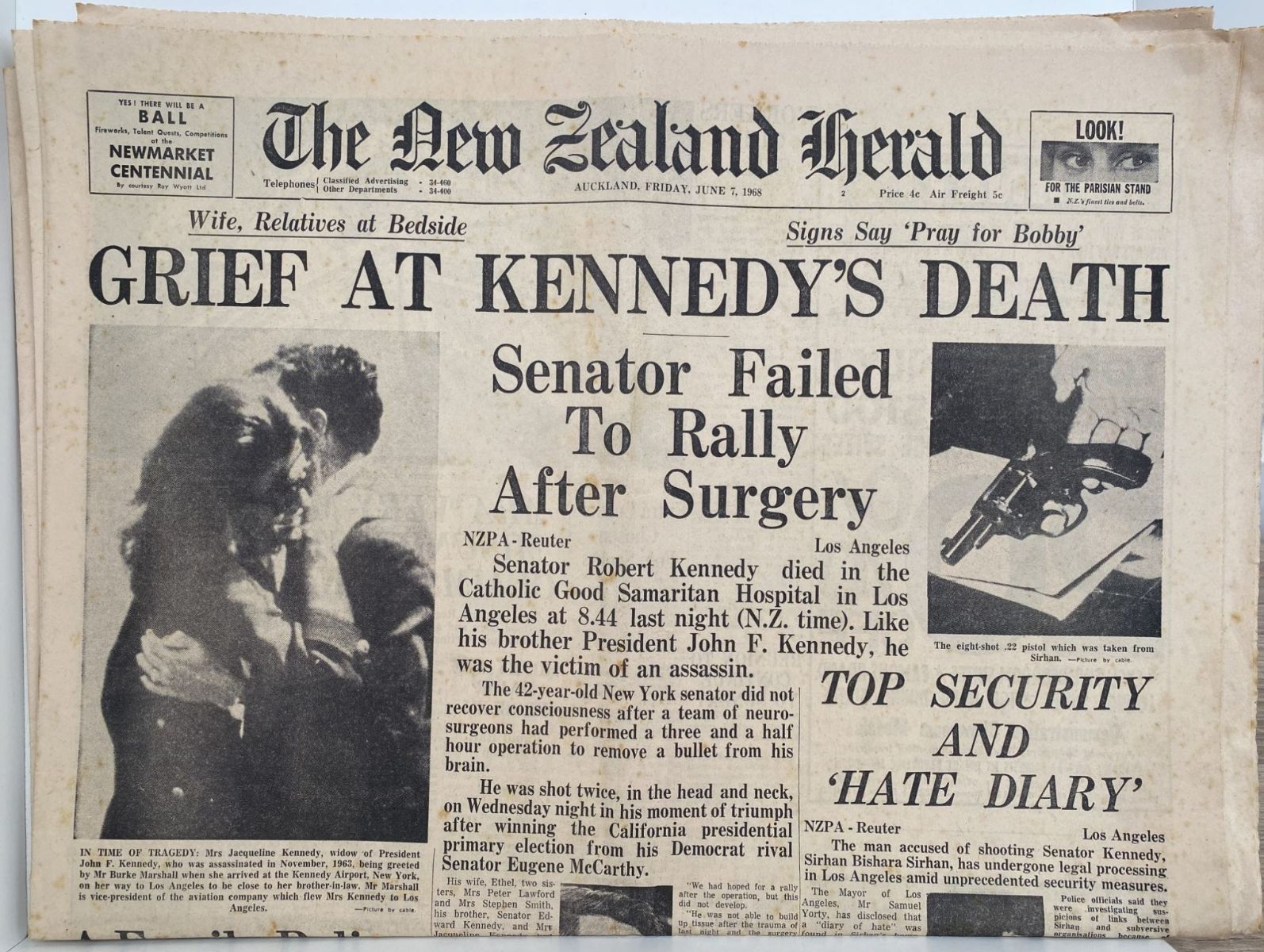 OLD NEWSPAPER: The New Zealand Herald, 7th June 1968 - Robert Kennedy Death