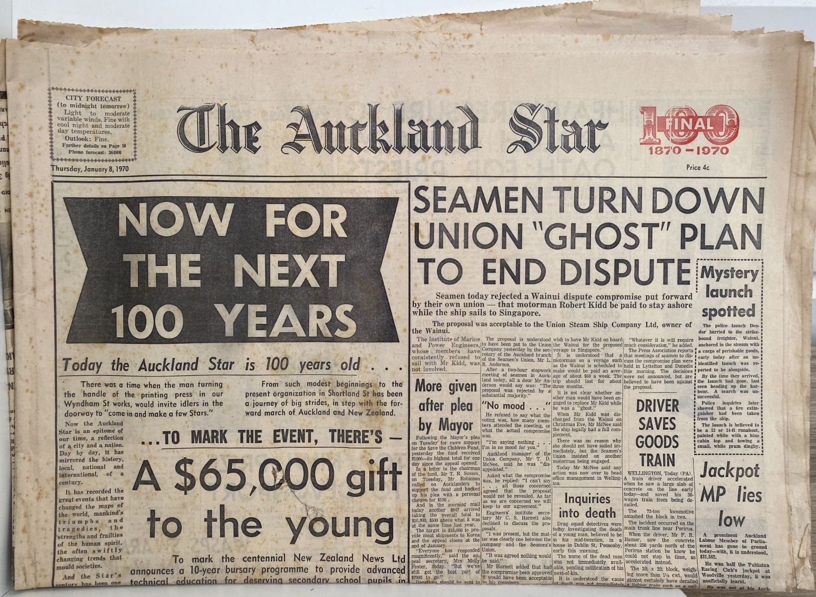 OLD NEWSPAPER: The Auckland Star, 8th January 1970 - 100 years old