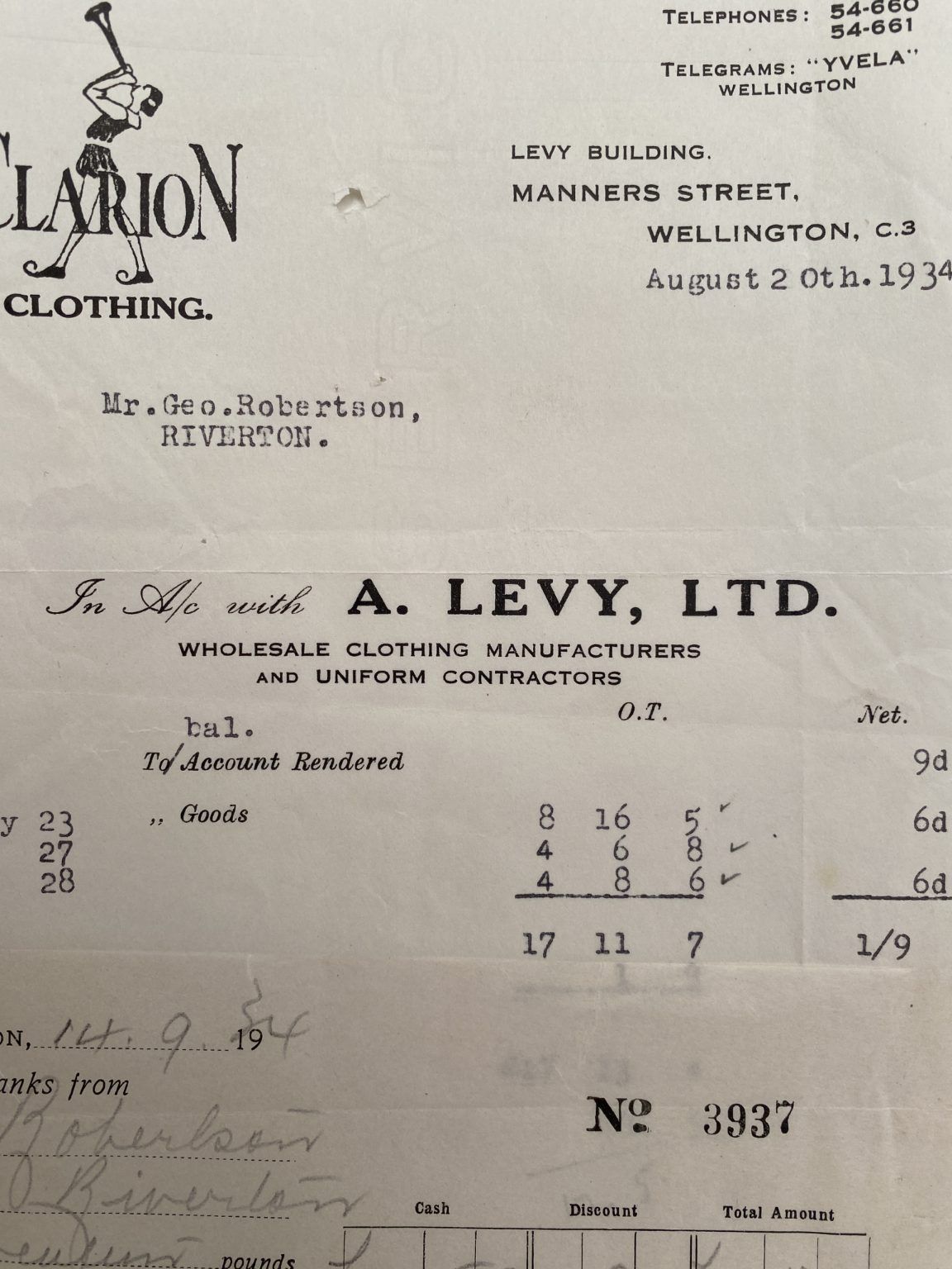 VINTAGE INVOICE / RECEIPT: A. Levy, Ltd. Wellington – Wholesale Clothing 1934