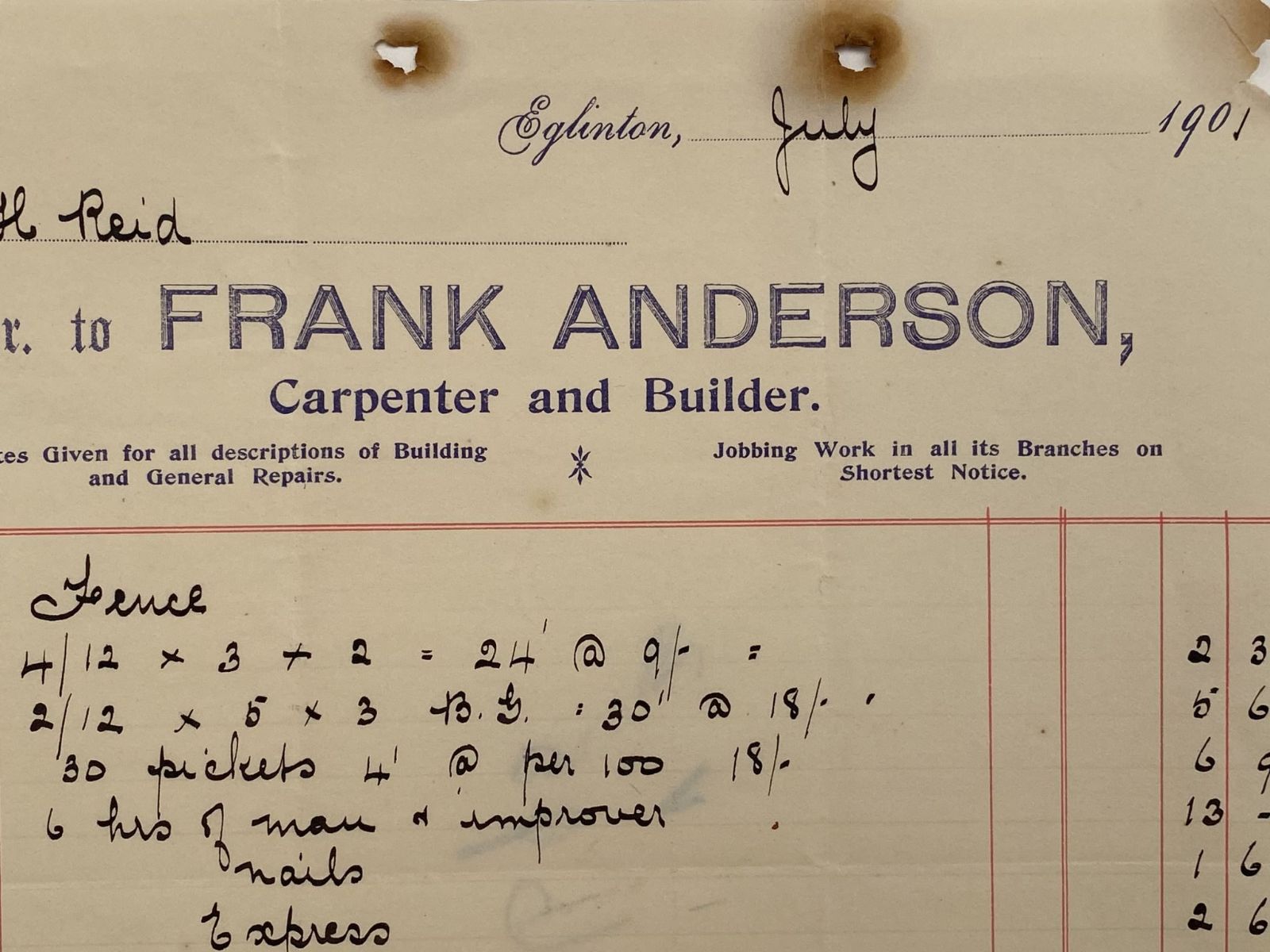 ANTIQUE INVOICE / RECEIPT: Frank Anderson, Eglinton – Carpenter and Builder 1901