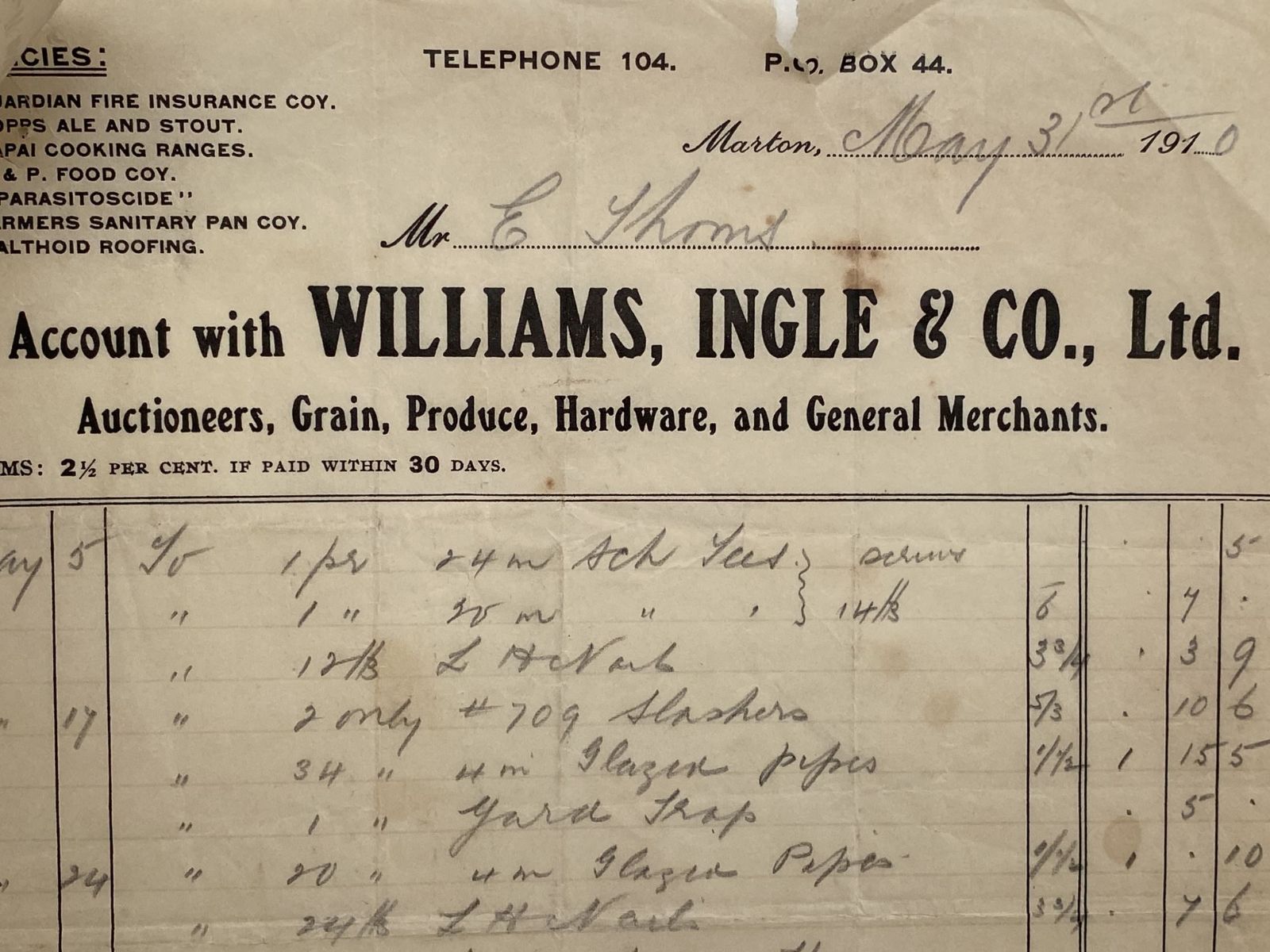 ANTIQUE INVOICE / RECEIPT: Williams, Ingle & Co. Ltd. Marton - 1910