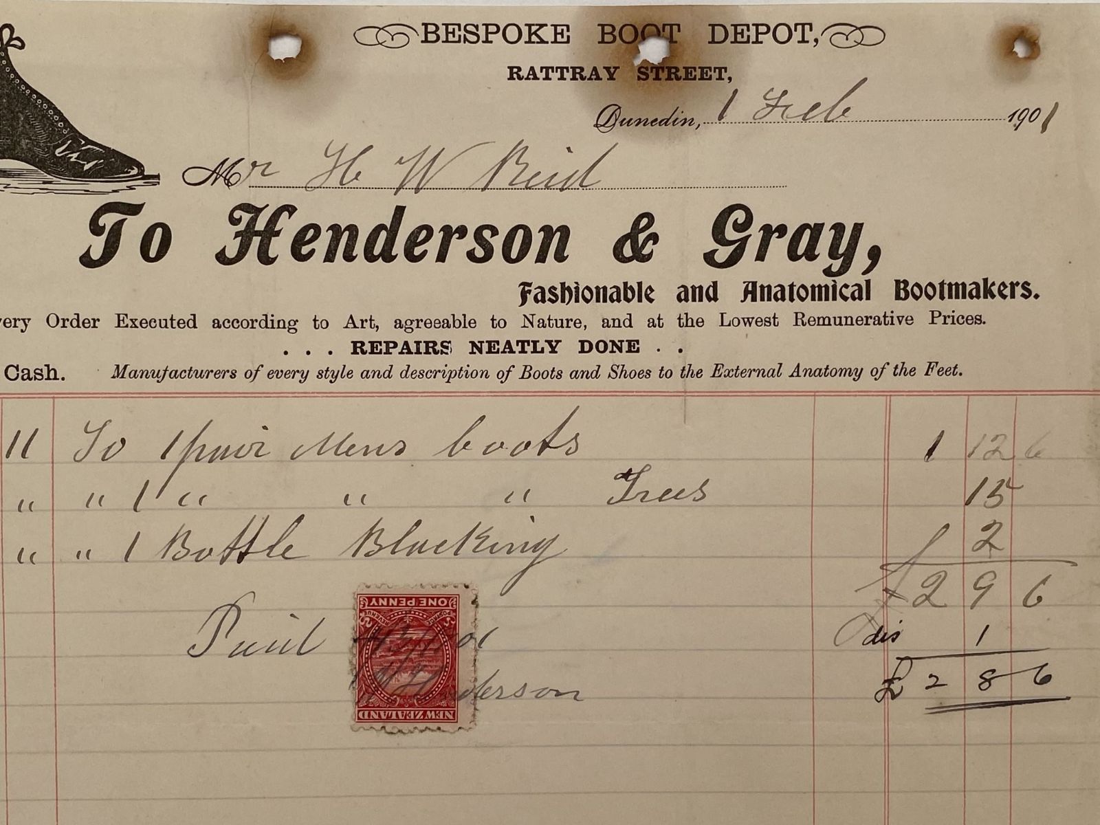 ANTIQUE INVOICE / RECEIPT: Henderson & Gray, Dunedin – Bootmakers 1901