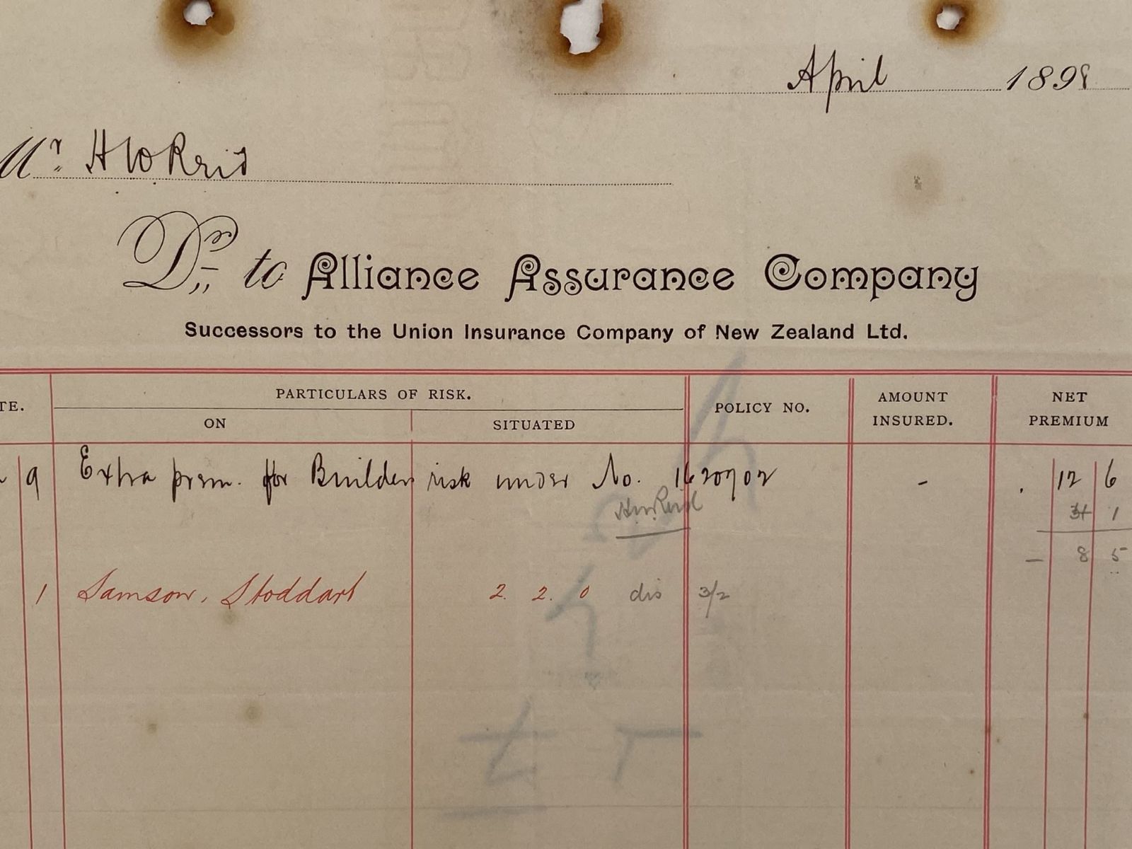 ANTIQUE INVOICE / RECEIPT: Alliance Assurance Company / Union Insurance Co. 1898