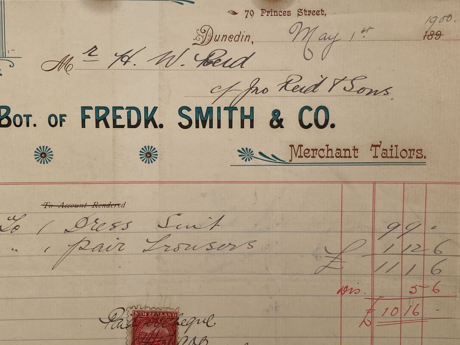 ANTIQUE INVOICE / RECEIPT: Fredk. Smith & Co, Dunedin – Merchant Tailors 1900