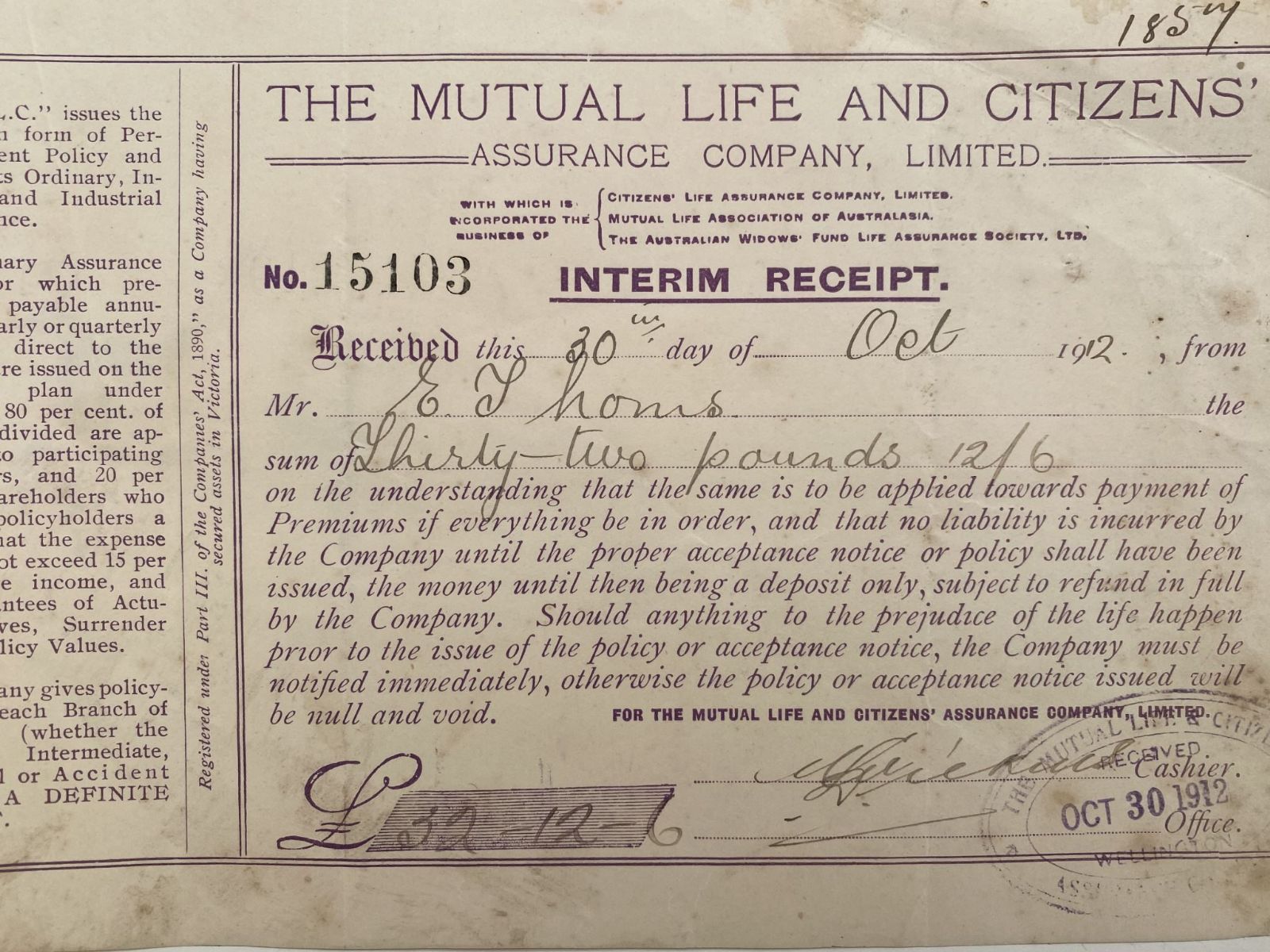 ANTIQUE INVOICE / RECEIPT: The Mutual Life and Citizens’ Assurance Co. 1912