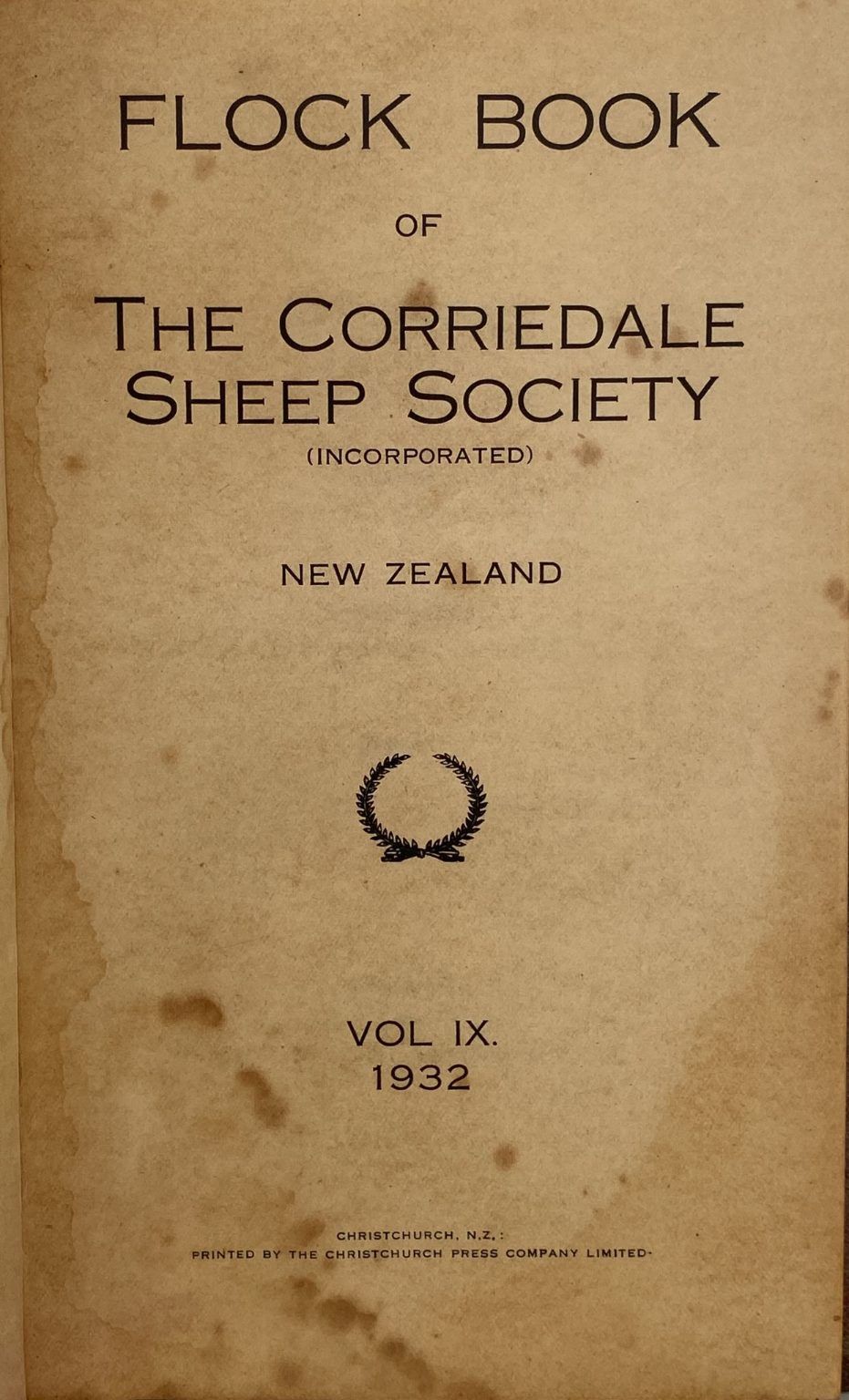 FLOCK BOOK: Of The Corriedale Sheep Society (Inc) New Zealand, Vol. 9, 1937