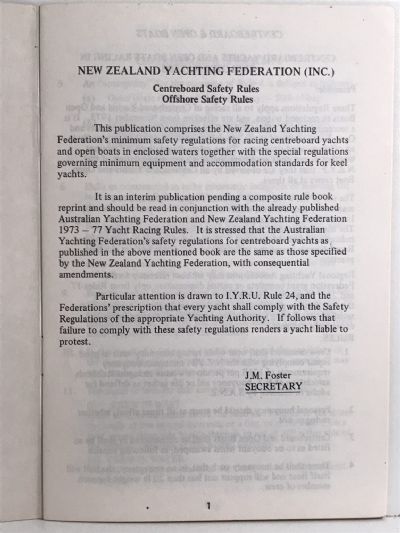 NEW ZEALAND YACHTING FEDERATION: Centreboard Safety Rules, Offshore Safety Rules, July 1974