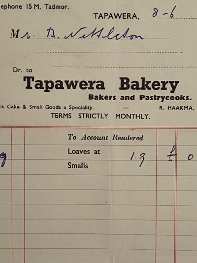 VINTAGE INVOICE: Tapawera Bakery - Bakers and Pastrycooks 1961 
