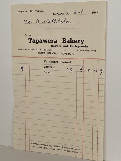 VINTAGE INVOICE: Tapawera Bakery - Bakers and Pastrycooks 1961