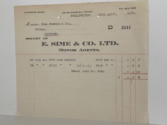 VINTAGE INVOICE: E. Sime & Co. Ltd. Wellington – Motor Agents 1929