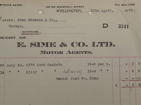 VINTAGE INVOICE: E. Sime & Co. Ltd. Wellington – Motor Agents 1929 
