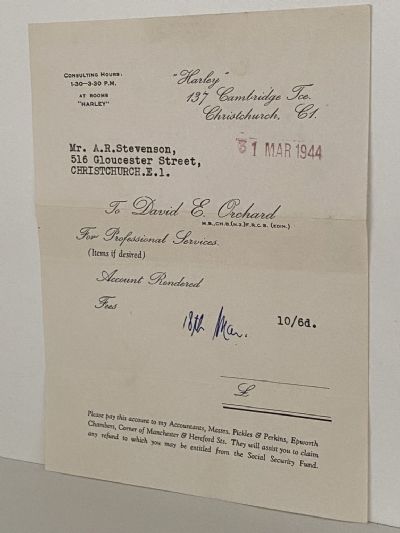 VINTAGE INVOICE: David E. Orchard, Christchurch 1944