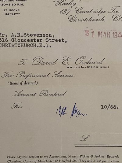 VINTAGE INVOICE: David E. Orchard, Christchurch 1944 