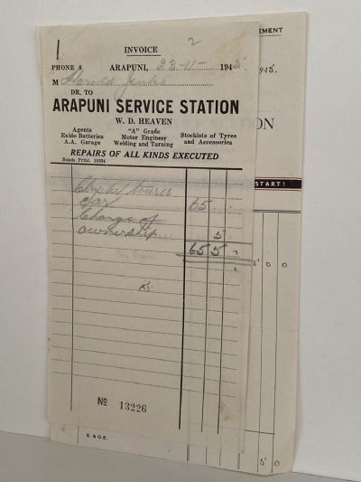 VINTAGE INVOICE: Arapuni Service Station, Arapuni - Motor Repairs 1945