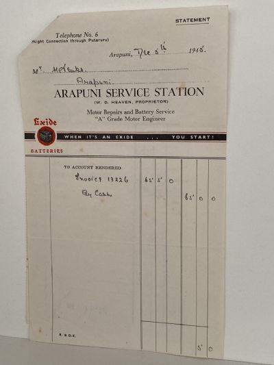 VINTAGE INVOICE: Arapuni Service Station, Arapuni - Motor Repairs 1945