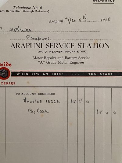 VINTAGE INVOICE: Arapuni Service Station, Arapuni - Motor Repairs 1945 
