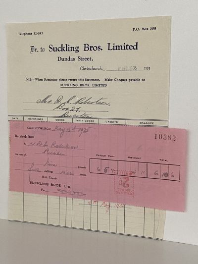 VINTAGE INVOICE / RECEIPT: Suckling Bros Limited; Christchurch 1935