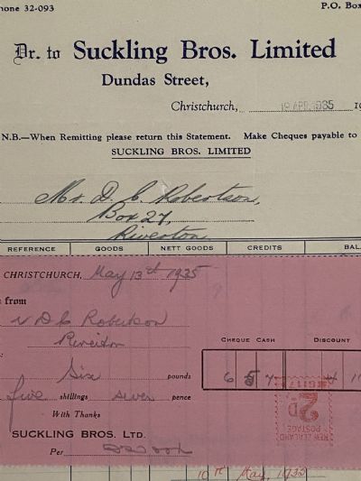 VINTAGE INVOICE / RECEIPT: Suckling Bros Limited; Christchurch 1935 