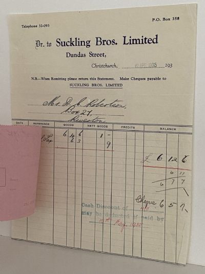 VINTAGE INVOICE / RECEIPT: Suckling Bros Limited; Christchurch 1935