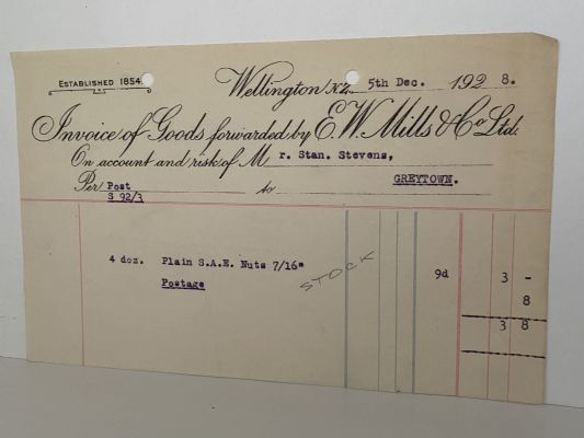 VINTAGE INVOICE / RECEIPT: E. W. Mills & Co. Ltd, Wellington 1928