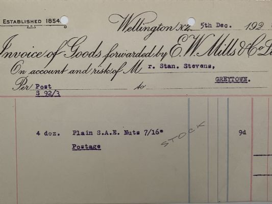 VINTAGE INVOICE / RECEIPT: E. W. Mills & Co. Ltd, Wellington 1928 