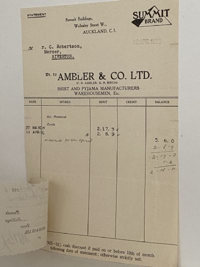 VINTAGE INVOICE / RECEIPT: Ambler & Co. Ltd, Auckland - Shirts & Pajamas 1935