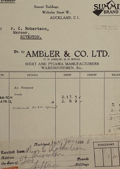 VINTAGE INVOICE / RECEIPT: Ambler & Co. Ltd, Auckland - Shirts & Pajamas 1935 