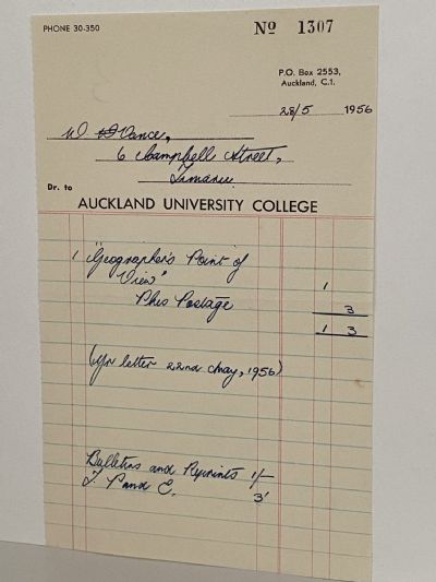 VINTAGE INVOICE / RECEIPT: Auckland University College 1956