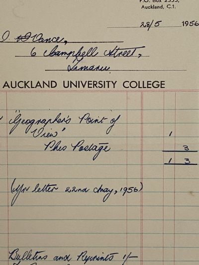 VINTAGE INVOICE / RECEIPT: Auckland University College 1956 