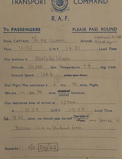 R.A.F. TRANSPORT COMMAND - Flight Information KL 623 