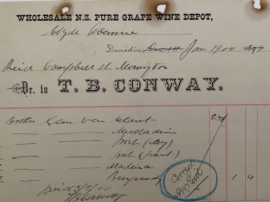 ANTIQUE INVOICE: T. B. Conway, Dunedin – N.Z. Pure Grape Wine Depot 1900 