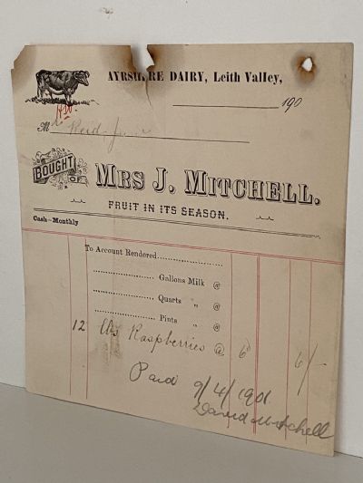ANTIQUE INVOICE: Mrs J. Mitchell - Ayrshire Dairy, Leith Valley 1901
