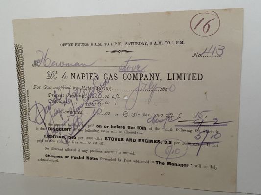 ANTIQUE INVOICE: Napier Gas Company Limited, Napier 1890