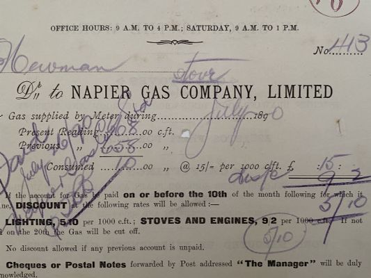 ANTIQUE INVOICE: Napier Gas Company Limited, Napier 1890 