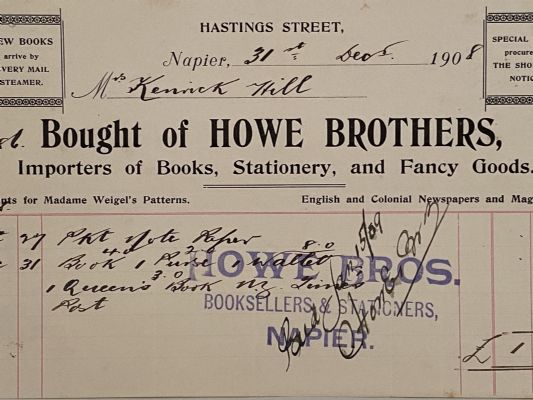 ANTIQUE INVOICE: Howe Brothers, Napier – Importers of Books, Stationery 1908 