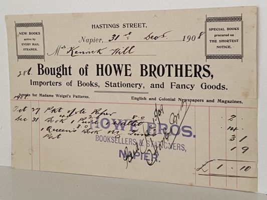 ANTIQUE INVOICE: Howe Brothers, Napier – Importers of Books, Stationery 1908
