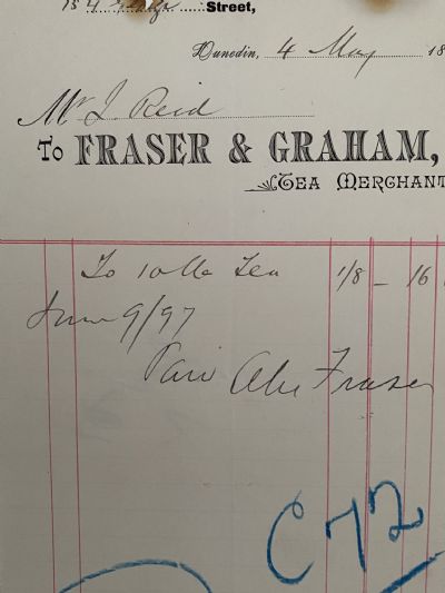 ANTIQUE INVOICE: Fraser & Graham, Dunedin – Tea Merchants 1897 