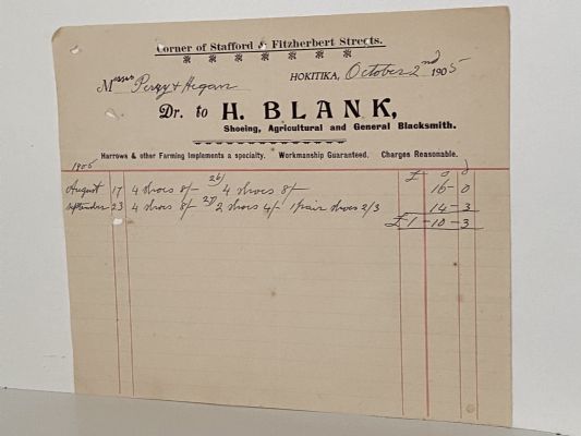 ANTIQUE INVOICE: H. Blank, Hokitika – Shoeing, Agricultural and Blacksmiths 1905