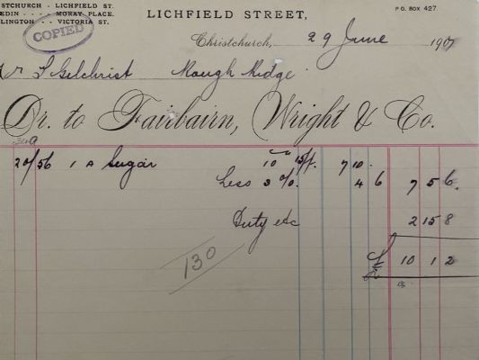 ANTIQUE INVOICE: Fairbairn, Wright & Co. Christchurch 1907 
