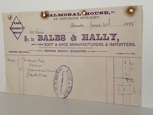 ANTIQUE INVOICE: Bales & Hally, Dunedin - Boot and Shoes 1895