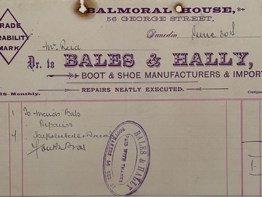 ANTIQUE INVOICE: Bales & Hally, Dunedin - Boot and Shoes 1895 