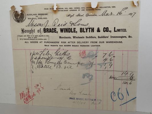 ANTIQUE INVOICE: Brace, Windle, Blyth & Co, Dunedin – Saddlers 1897