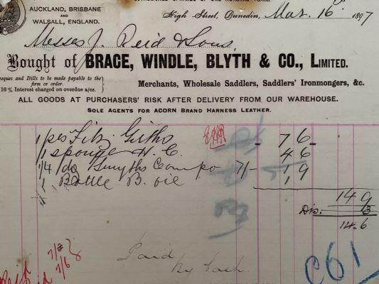 ANTIQUE INVOICE: Brace, Windle, Blyth & Co, Dunedin – Saddlers 1897 