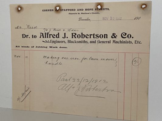 ANTIQUE INVOICE: Alfred J. Robertson & Co. Dunedin – Engineers, Blacksmiths 1902