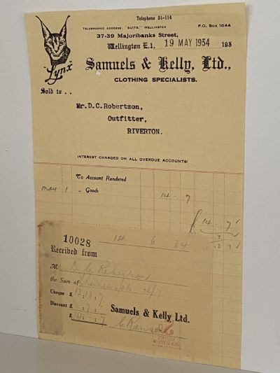 ANTIQUE INVOICE / RECEIPT: Samuels & Kelly Ltd, Wellington - Clothing 1934
