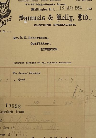 ANTIQUE INVOICE / RECEIPT: Samuels & Kelly Ltd, Wellington - Clothing 1934 