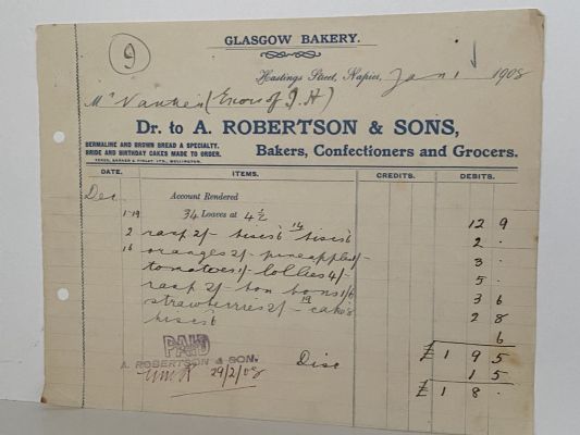 ANTIQUE INVOICE: A. Robertson & Sons Napier – Bakers, Confectioners, Grocer 1908