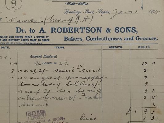 ANTIQUE INVOICE: A. Robertson & Sons Napier – Bakers, Confectioners, Grocer 1908 